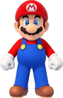 3D render of a cartoon plumber with a mustache, a large round nose, a red cap with the letter M, a red shirt, blue overalls, and brown shoes.