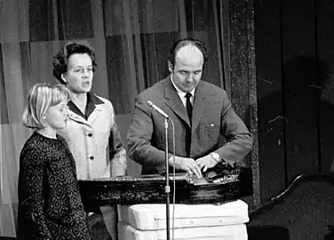 Together with Marjatta and Eveliina performing in a television studio, on the show Nylands Hörna in 1966