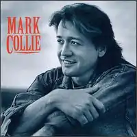 A black-and-white photo of Mark Collie wearing a jean jacket. The artist's name appears on the left in red text.