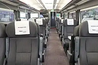 The interior of Business Class aboard a Chiltern Railways refurbished Mark 3