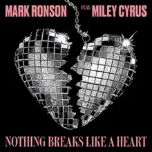 A heart-shaped disco ball is shown broken in two, with the artist's names and the song's title displayed in pink text above and below the centre, respectively.