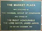 Plaque marking the opening of The Market Plaza by Lord Mayor James Jarvis on 3 December 1985.