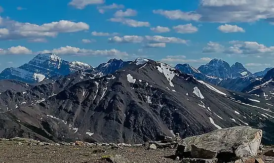 View south L→R Mount Edith Cavell, Lectern Peak, Marmot Mountain, Chak Peak, Throne Mountain, Blackhorn Peak.