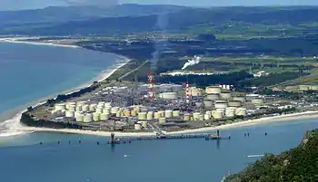 Looking down at the Marsden Point Oil Refinery from across Whangārei Harbour