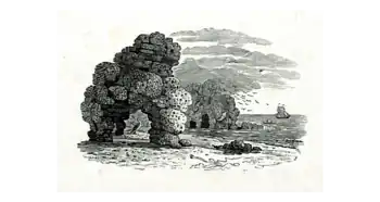 A wood engraving of Marsden Rock by Thomas Bewick, created in 1798 and published in A History of British Birds (1804).