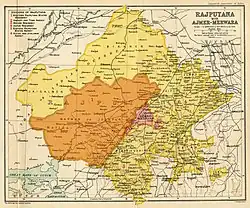 Detailed map of Marwar (in orange) within Rajputana (in yellow), in the Imperial Gazetteer of India