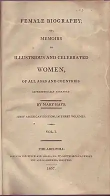 Title page of Mary Hays's Female Biography or, Memoirs of Illustrious and Celebrated Women (London 1803; rpt. Philadelphia, 1807)