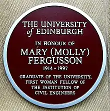 Photo of a plaque to Mary Fegusson at the University of Edinburgh