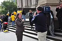 Mary Wooldridge addressing a protest about logging of Brown Mountain forest