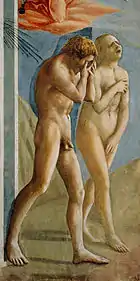 A fresco showing Adam and Eve leaving the garden of Eden. Adam's weeps into his hands and Eve throws her head back to wail, while trying to cover her naked body. The style is broadly painted with realistic gestures and emotion.