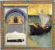 Burial of Saint Monica and Saint Augustine Departing from Africa, c. 1430, Tempera and gold on vellum, (24.7 x 27 cm) Cambridge, Fitzwilliam Museum