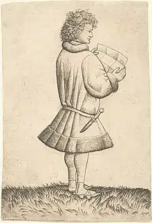 An engraving showing a standing poet with his back towards us in 3/4 profile, looking down at his printed poem