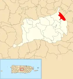 Location of Mata de Cañas within the municipality of Orocovis shown in red