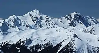 Looking west, the two major peaks are Matier (left) and Joffre (right). Mount Howard is to left of Matier.