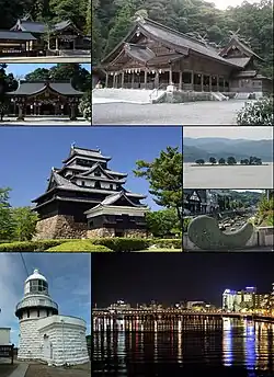 From top left: Kumano Taisha, Yaegaki Shrine, Miho Shrine, Matsue Castle, Lake Shinji (Yomegashima), Tamatsukuri hot springs, Mihonoseki Lighthouse, Night view of Matsue