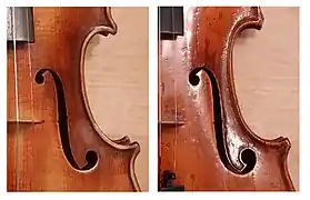 Detailed comparison of the F-holes of a Saxon manufacture violin around 1920 (left) with those of a violin by Mathias Heinicke from 1921 (right)