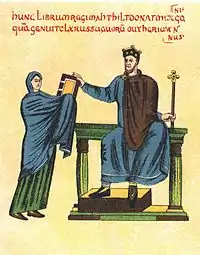 Mieszko II Lambert receiving a liturgical book from Matilda of Swabia