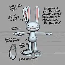 A screenshot of an anthropomorphized rabbit in a 3D model viewer. The image is annotated in pencil, with modifications drawn over the character to indicate required changes to ear position, arm length and feet shape.