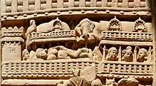 Maya's dream of an elephant when conceiving the Buddha, in Kapilavastu. Sanchi.