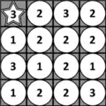 Number maze: Begin and end at the star. Using the number in your space, jump that number of blocks in a straight line to a new space. No diagonals.