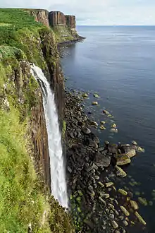 Mealt waterfall at Ellishadder, with Kilt Rock behind