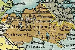 Mecklenburg circa 1648, showing the division between Mecklenburg-Schwerin and Mecklenburg-Güstrow