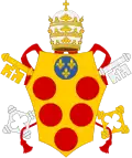 Leo X (1513-1521), the first of the Medici popes. The "augmented coat of arms of the House of Medici, Or, five balls in orle gules, in chief a larger one of the arms of France (viz. Azure, three fleurs-de-lis or) was granted by Louis XI in 1465.