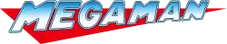 The word "Mega Man" in bright blue gradient text with a thin light blue outline on top of a red triangle