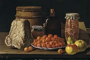 Cheese, barrel, glass bottle, fruits in decorative plate, storage jars and boxes.Still Life with Fruit and Cheese by Luis Egidio Meléndez; 1771, 41 × 62 cm, Prado Museum.