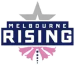 A central banner with the name "Melbourne Rising" on two lines in white capitals on a navy blue background. Above and behind the banner is the top half of a large rising star, outlined in grey; and below the banner, four Pink Heath flowers arranged in profile and a line of five stars in navy blue.