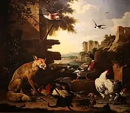 Fox with Dead Rooster and Poultry (1678), oil on canvas, 148 x 170 cm., Netherlands Art Collection