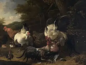 Roosters Fighting (1686), oil on canvas, 104 x 136.5 cm., Staatliche Kunsthalle Karlsruhe
