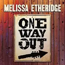 A graphic of wood paneling with a sign that has "ONE / WAY / OUT" written on it and an arrow resembling a guitar