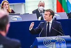 French president Emmanuel Macron presenting to the European Parliament the goals and strategies planned for the French council presidency, at the hemicycle in Strasbourg, 19 January 2022