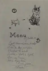 Handwritten menu on a card showing a bulldog and some mice