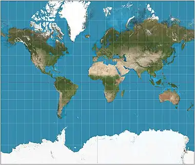 Mercator projection(showing between 82°S and 82°N)