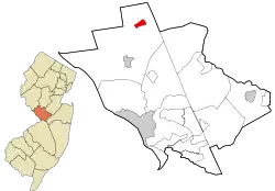 Location of Hopewell in Mercer County highlighted in red (right). Inset map: Location of Mercer County in New Jersey highlighted in orange (left).