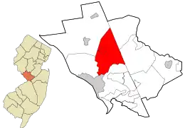 Location of Lawrence Township in Mercer County highlighted in red (right). Inset map: Location of Mercer County in New Jersey highlighted in orange (left).