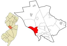 Location of Trenton in Mercer County highlighted in red (right). Inset map: Location of Mercer County in New Jersey highlighted in orange (left).