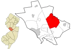Location of West Windsor in Mercer County highlighted in red (right). Inset map: Location of Mercer County in New Jersey highlighted in orange (left).