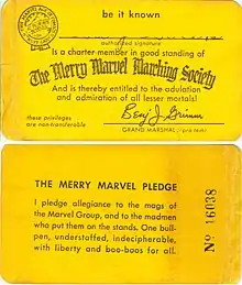 A Merry Marvel Marching Society membership card