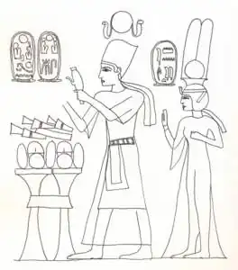 Line drawing (partial) of the scene showing Meritamen accompanying her father from Abu Simbel rock stela of Viceroy of Nubia Heqanakht