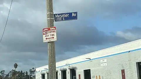 Mesmer Avenue sign at Centinela Avenue, near site of old Mesmer rail stop