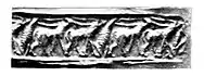 Sumerian cylinder seal with two long-horned antelopes with a tree or bush in front, excavated in Kish, Mesopotamia.