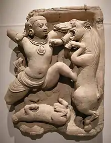 Hindu Gupta terracotta relief, 5th century CE, of Krishna Killing the Horse Demon Keshi