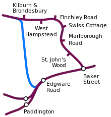 A line is shown at the bottom, from right to left, with stations at Baker Street, Edgware Road and junction before two Paddington stations. From Baker Street a line is shown going north through several stations before turning left. From Edgware Road a line in a contrasting colour is shown, going north bypassing these stations before joining the line from Baker Street just north of Kilburn & Brondesbury.