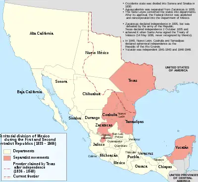 A map of Mexico, showing state and territory divisions as of 1835.  Texas, Coahila, Nuevo León, Tamaulipas, Zacatecas and the Yucatán are shaded, marking them as having separatist movements.