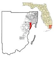 Location of Coral Gables in Miami-Dade County, Florida (left) and of Miami-Dade County in Florida (right)