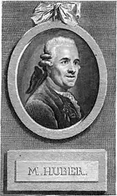 Engraving showing an oval image of Michael Huber wearing a bag wig above the text "M. HUBER"