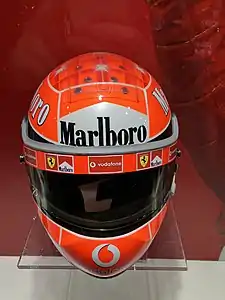 Schuberth helmet at the Museo Ferrari with the Marlboro logo which sometimes had to be removed in countries where tobacco advertising was illegal